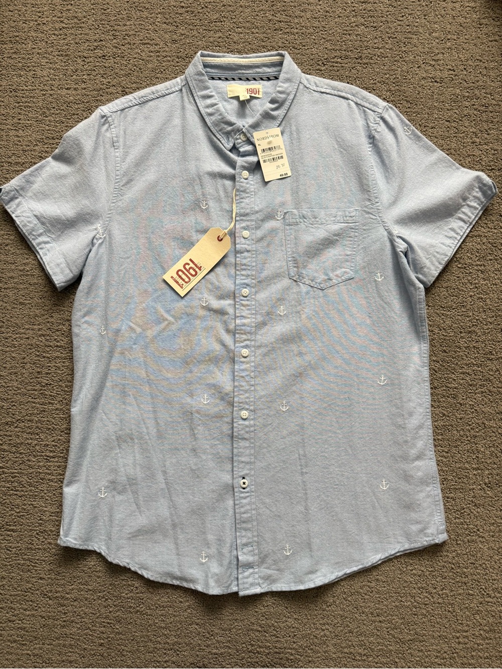 1901 Light Blue Short-Sleeve Anchor Print Button-Down Shirt